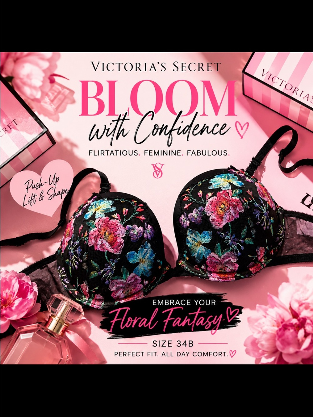 Victoria's Secret Black Floral Embroidered Push-Up Bra